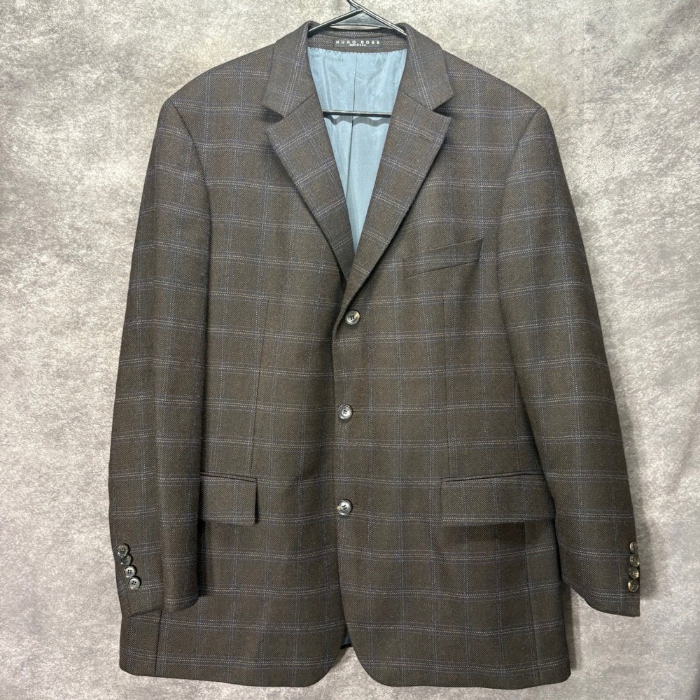 Hugo Boss Scorsese Windowpane Plaid Blazer Jacket Size 46R Brown Blue Wool Union